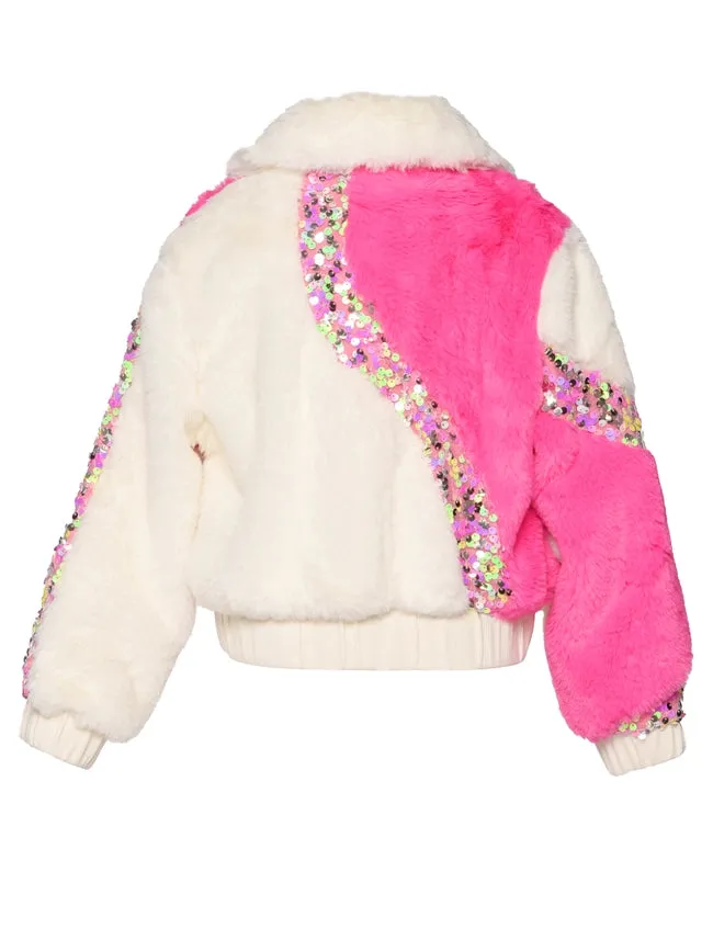 2-TONE Faux Fur Bomber Jacket w/ Sequin Detail