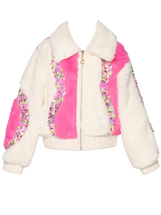 2-TONE Faux Fur Bomber Jacket w/ Sequin Detail