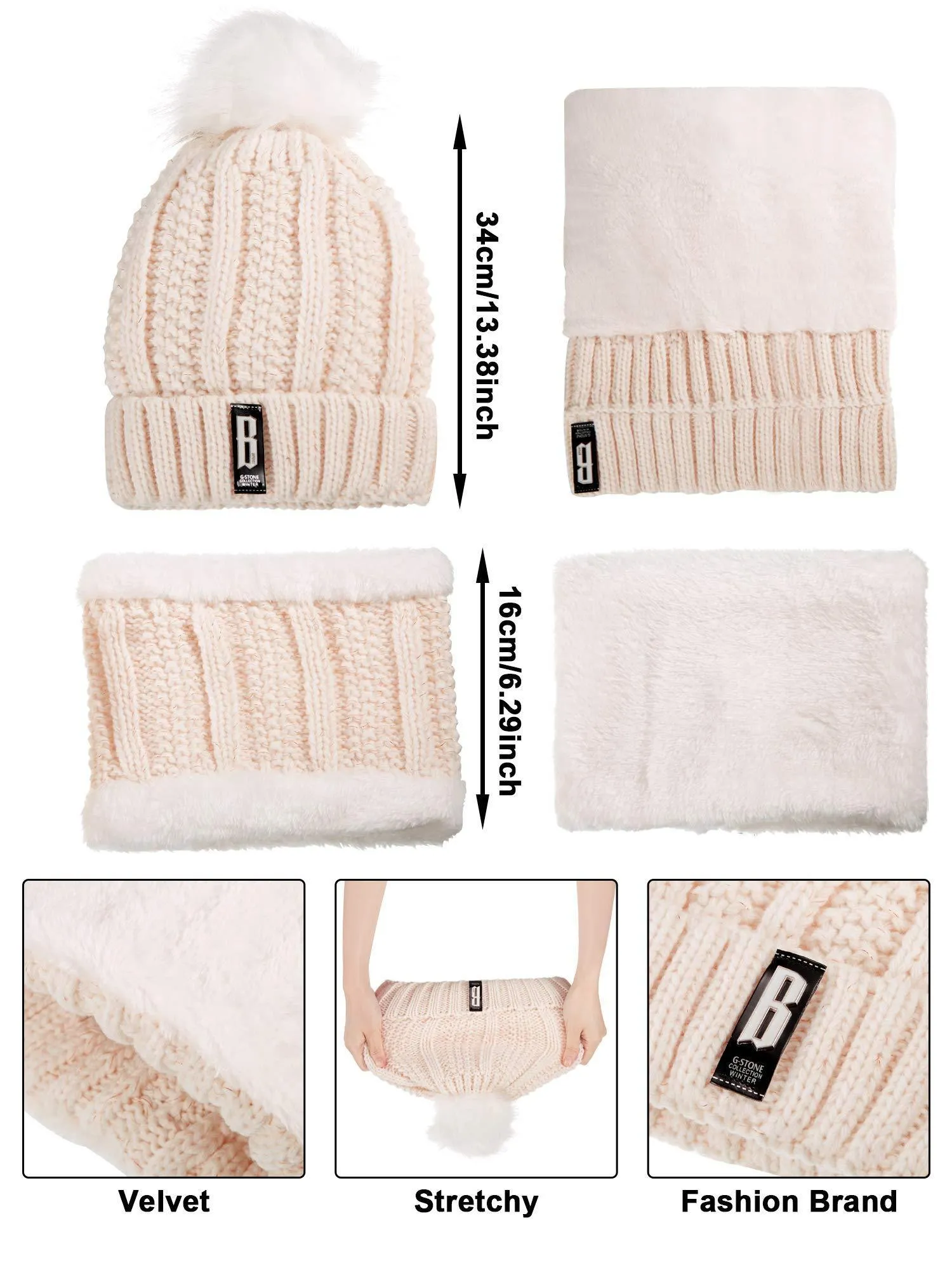 5 Pieces Women Winter Ski Outing Set, Knit Hat Scarf Gloves Earmuffs Stockings Beige, Khaki