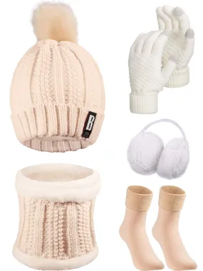 5 Pieces Women Winter Ski Outing Set, Knit Hat Scarf Gloves Earmuffs Stockings Beige, Khaki