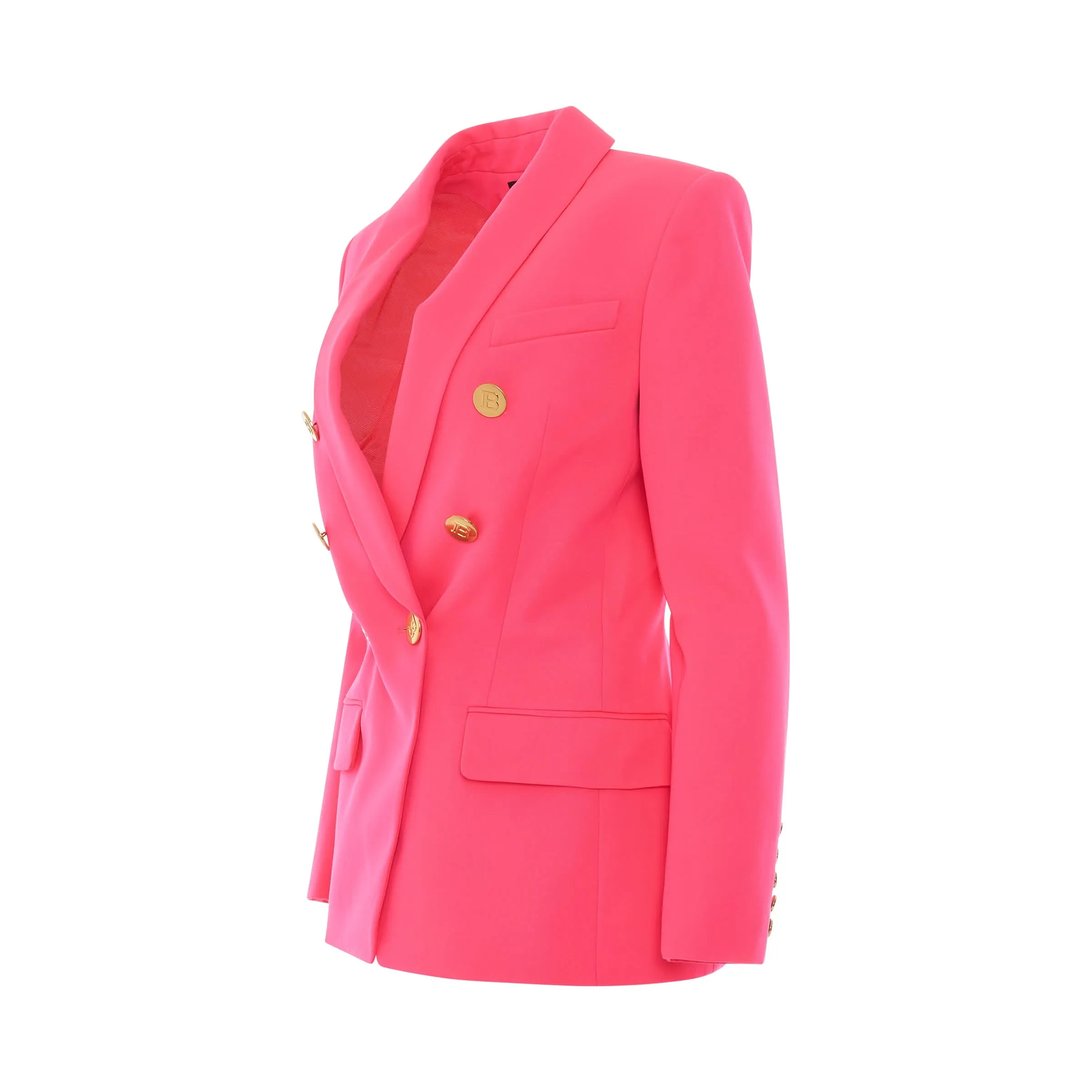 6 Button Double Breasted Long Jacket in Neon Pink