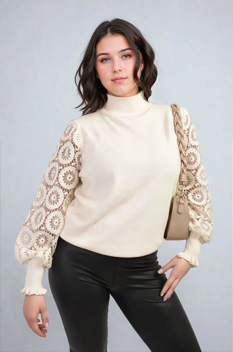 Alexis High Neck Knit Crochet Sleeve Jumper