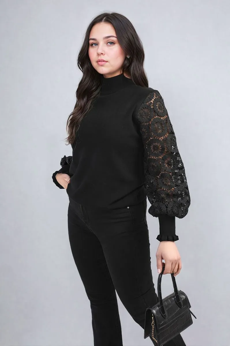 Alexis High Neck Knit Crochet Sleeve Jumper