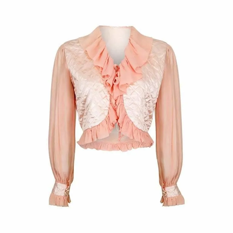 ARCHIVE - 1930s or 1940s Pink Silk Crepe and Satin Quilted Bed Jacket