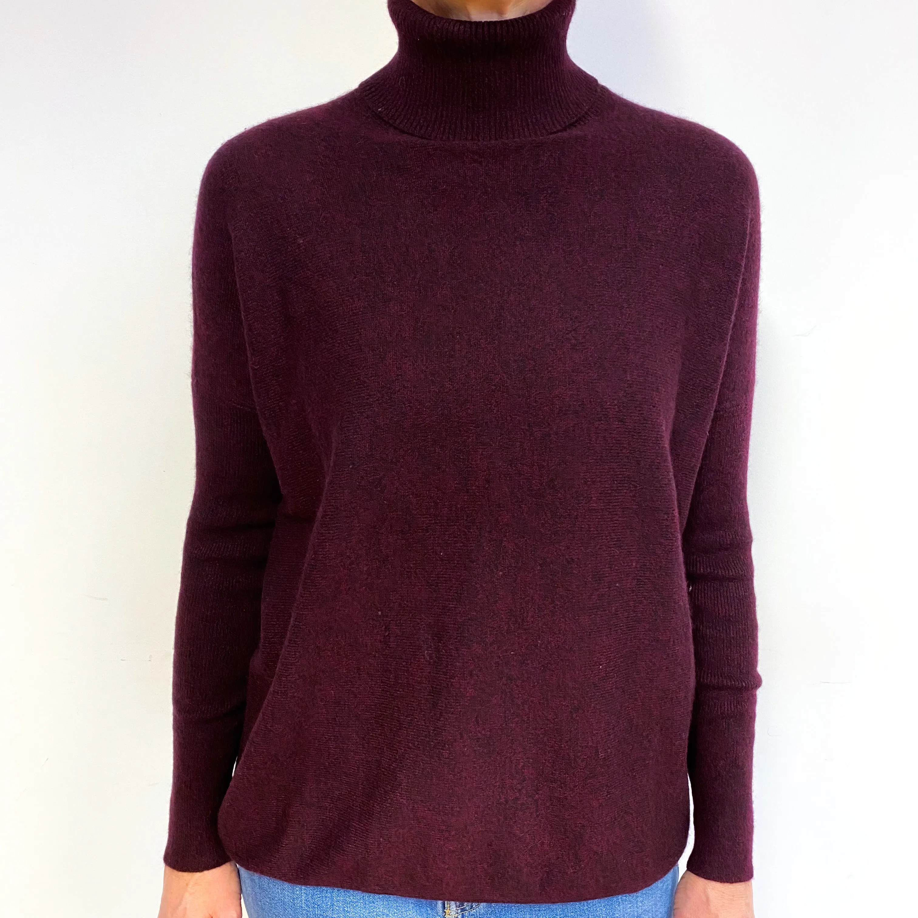 Aubergine Purple Slouchy Cashmere Polo Neck Jumper Medium