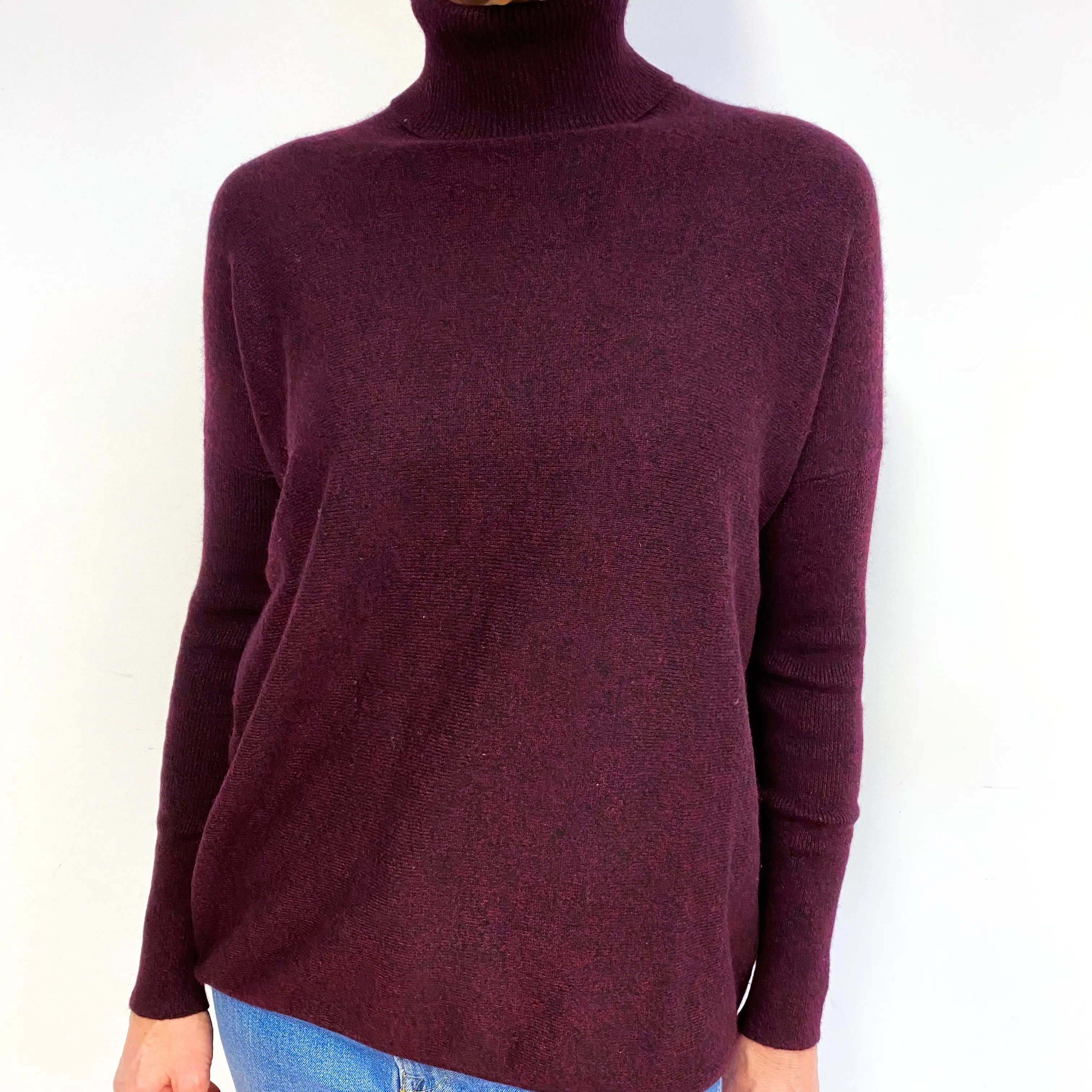 Aubergine Purple Slouchy Cashmere Polo Neck Jumper Medium