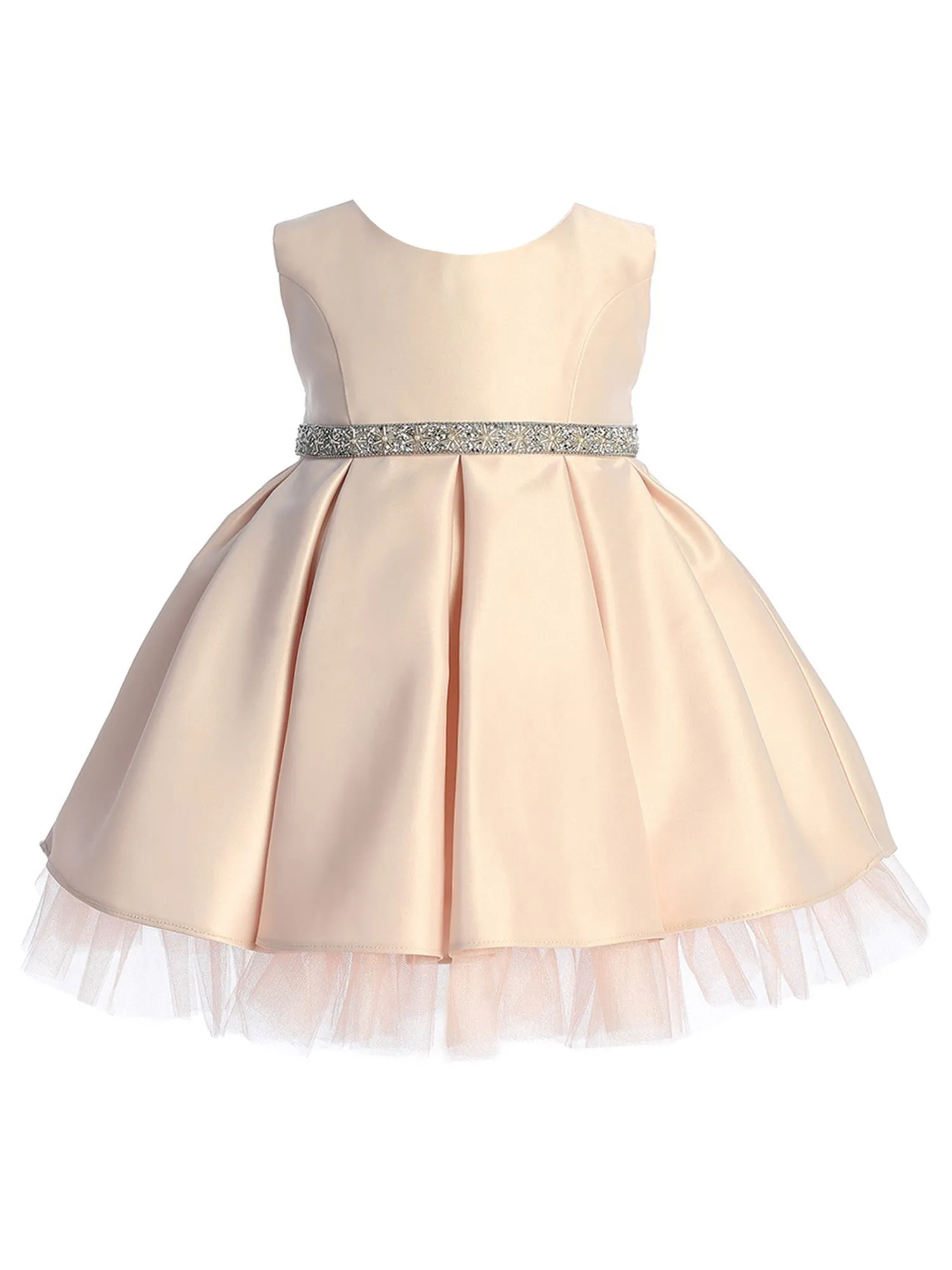 Baby Girls Satin Dress with Pleated Skirt, Crystal Tulle Hem and Rhinestone Waist Trim, Sizes 6-24Months