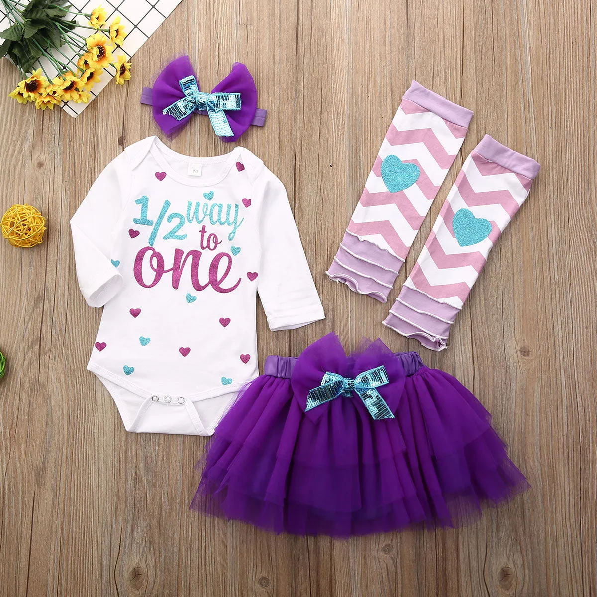 Baby Spring Autumn Clothing Newborn Infant Baby Girl Half Year Suit Romper T-Shirt Tops Pleated Skirt Birthday Dress