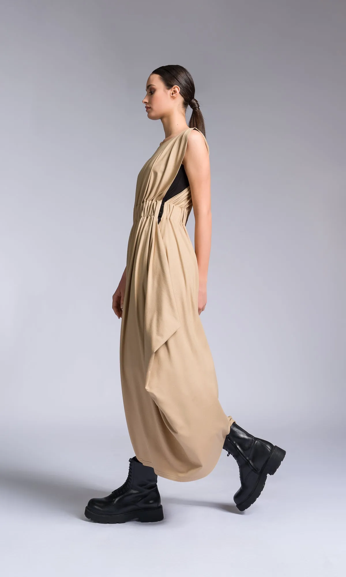 Bicolour Midi Dress with Gathered Waist