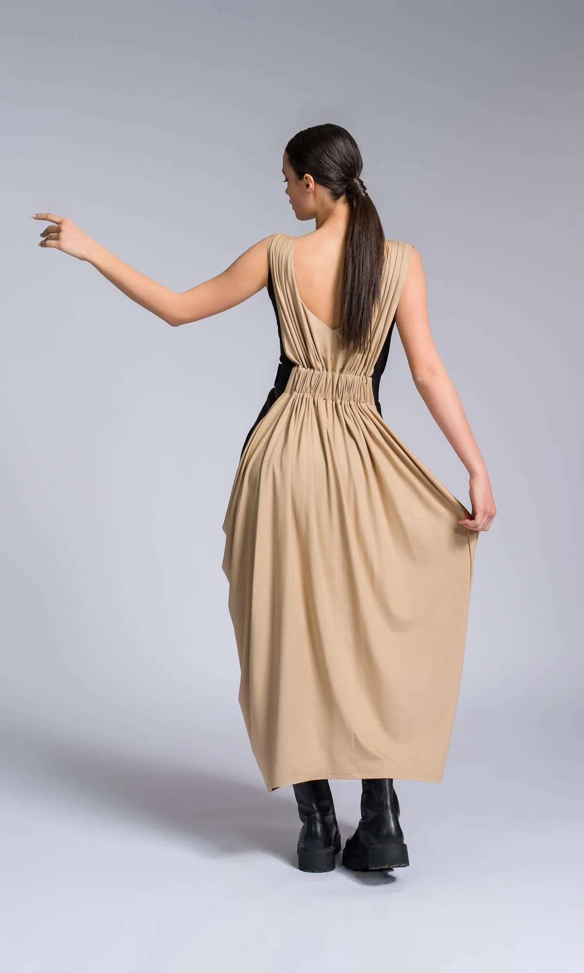 Bicolour Midi Dress with Gathered Waist