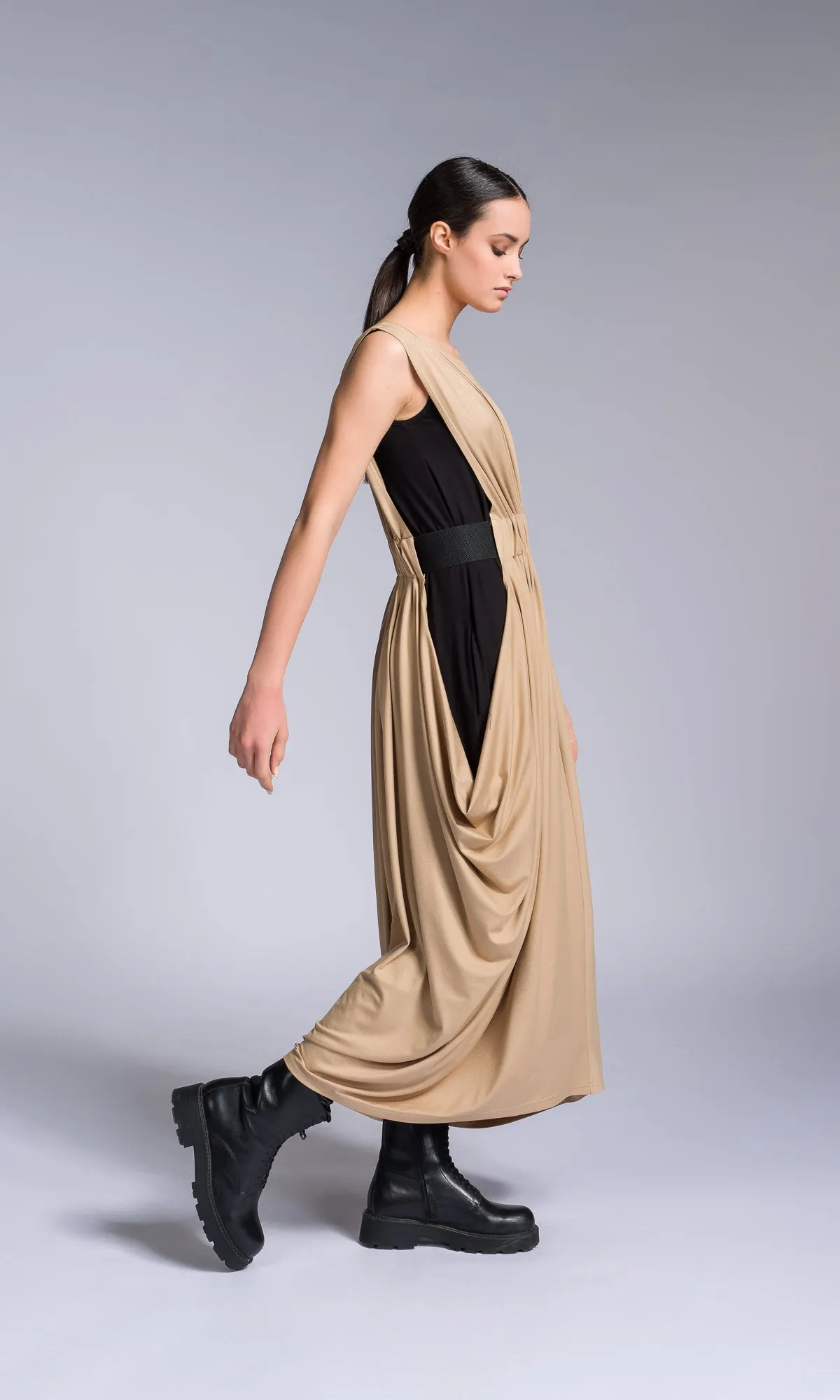 Bicolour Midi Dress with Gathered Waist