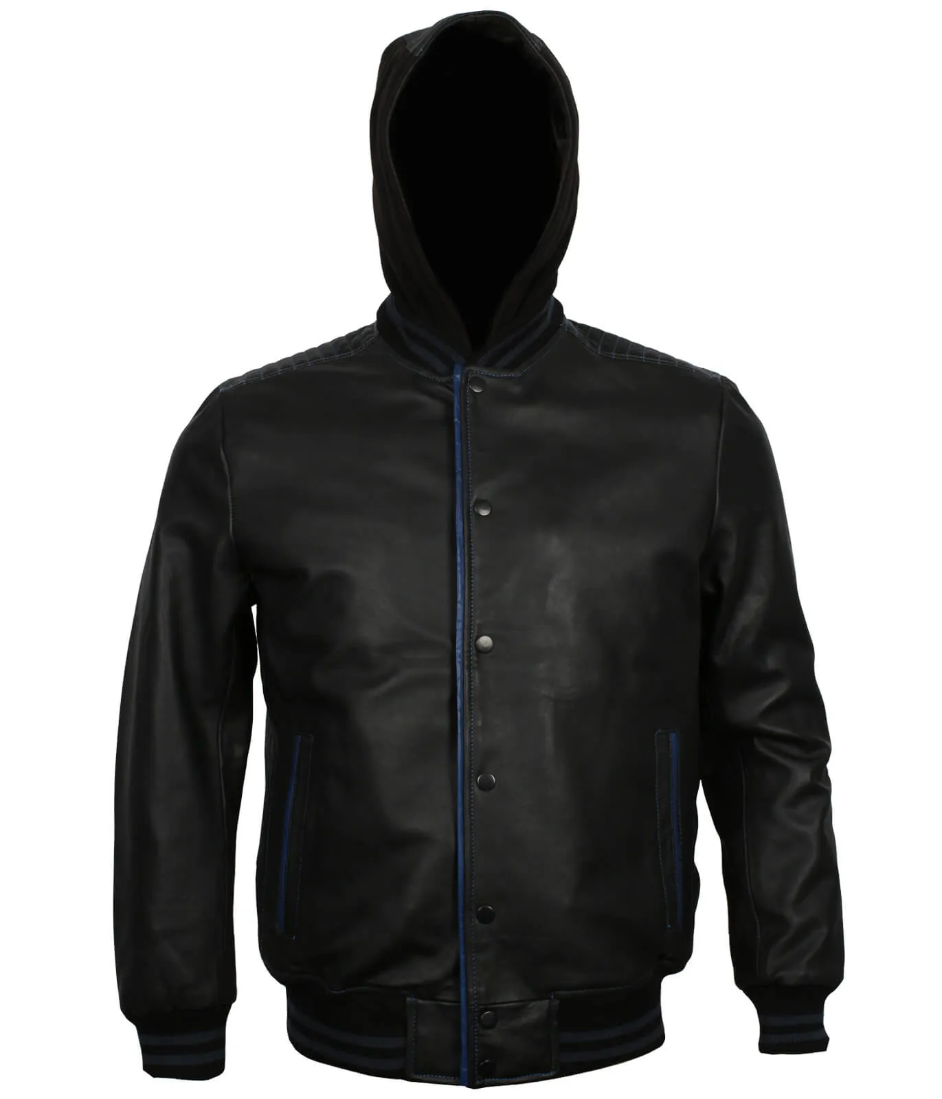 Black and Blue Bomber Jacket with Hood