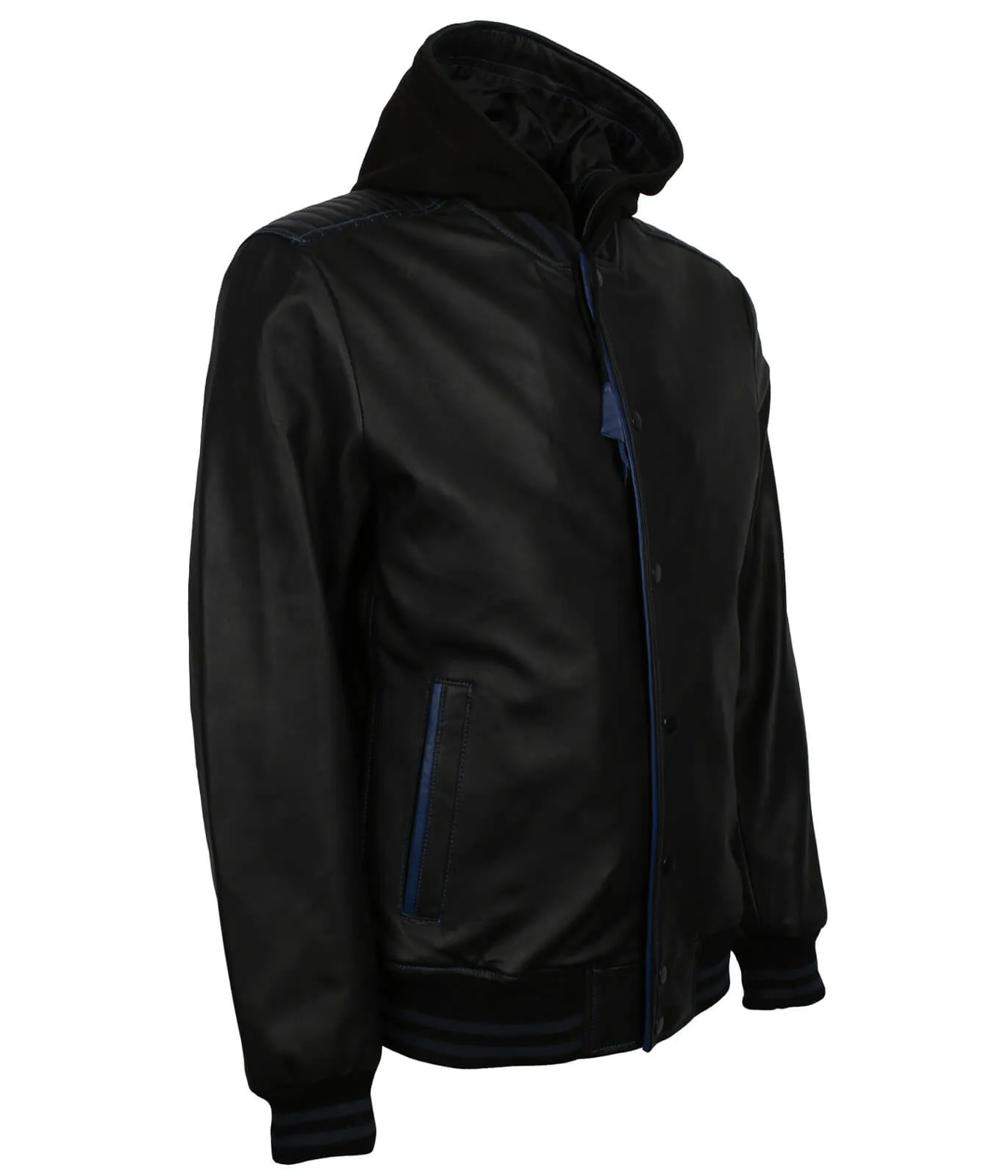 Black and Blue Bomber Jacket with Hood