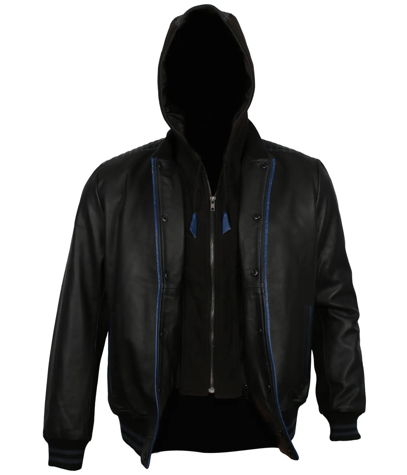 Black and Blue Bomber Jacket with Hood