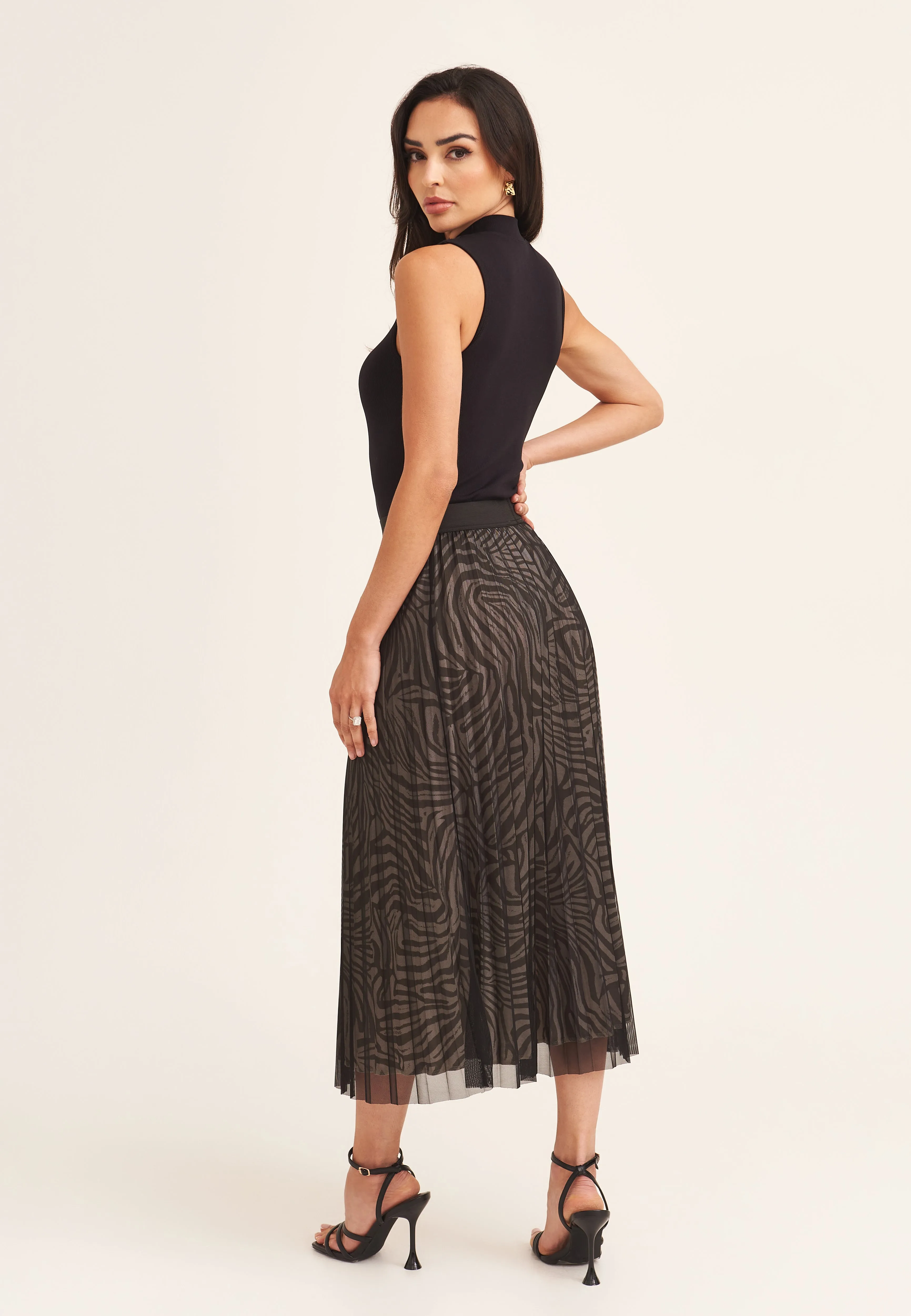 Black Animal Print Mesh Overlay Pleated Midi Skirt