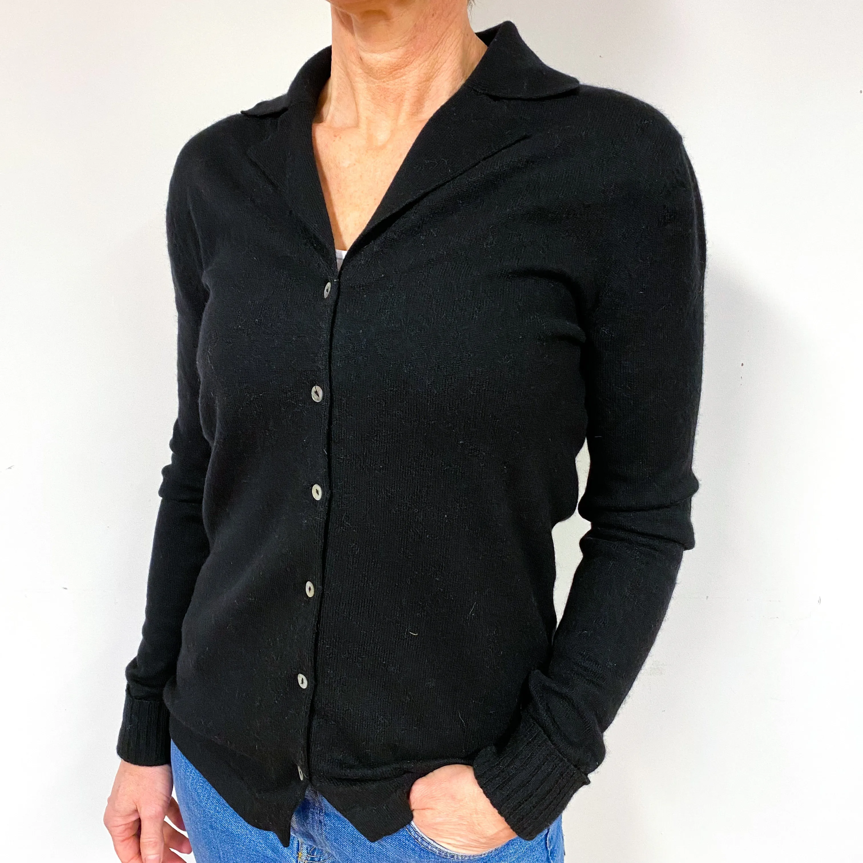 Black Cashmere V- Neck Collared Cardigan Medium