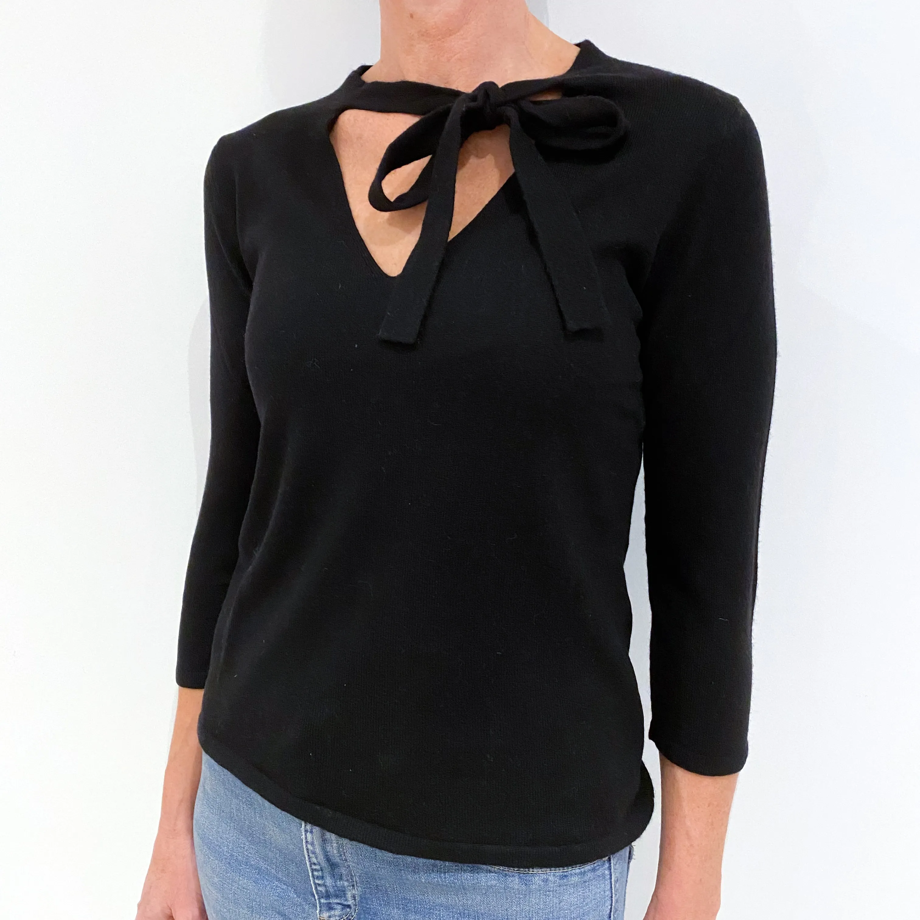 Black Cashmere V-Neck Jumper with Neck Tie Small