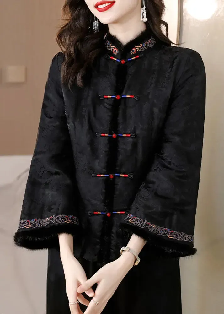 Black Fur Collar Button Silk Coats