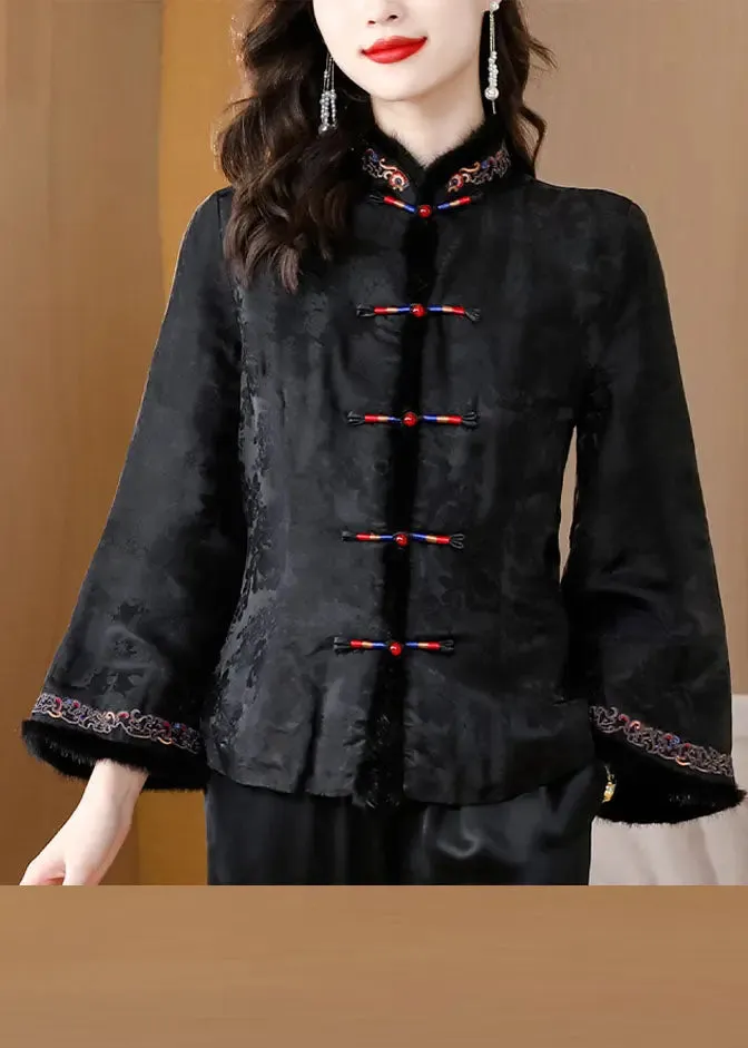 Black Fur Collar Button Silk Coats