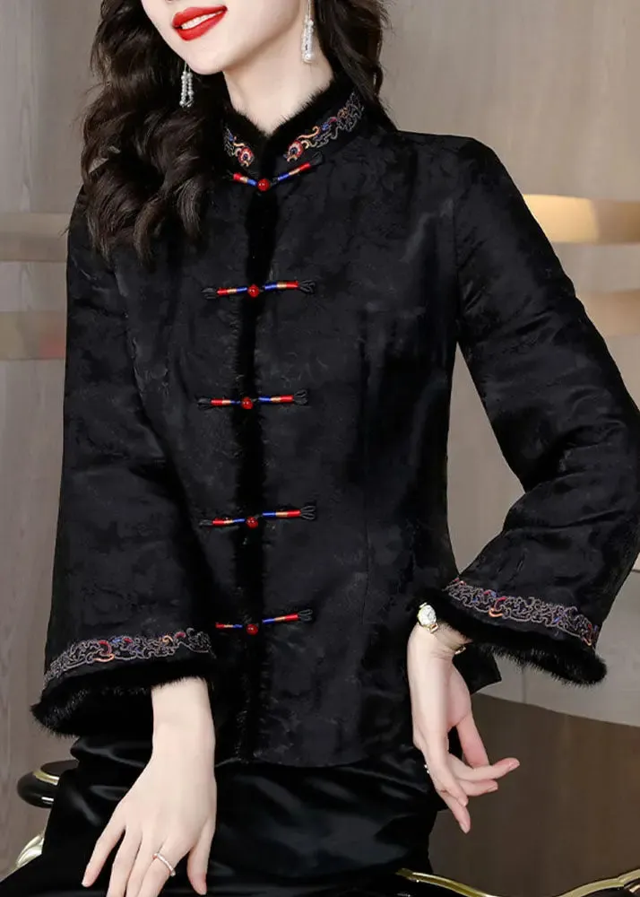 Black Fur Collar Button Silk Coats