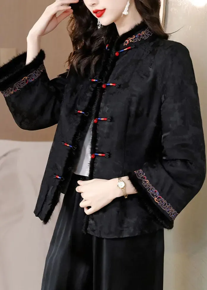 Black Fur Collar Button Silk Coats