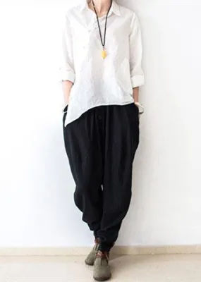 Black Oversized Linen Carrot Pants Plus Size Cotton Pants Loose Harem Pants