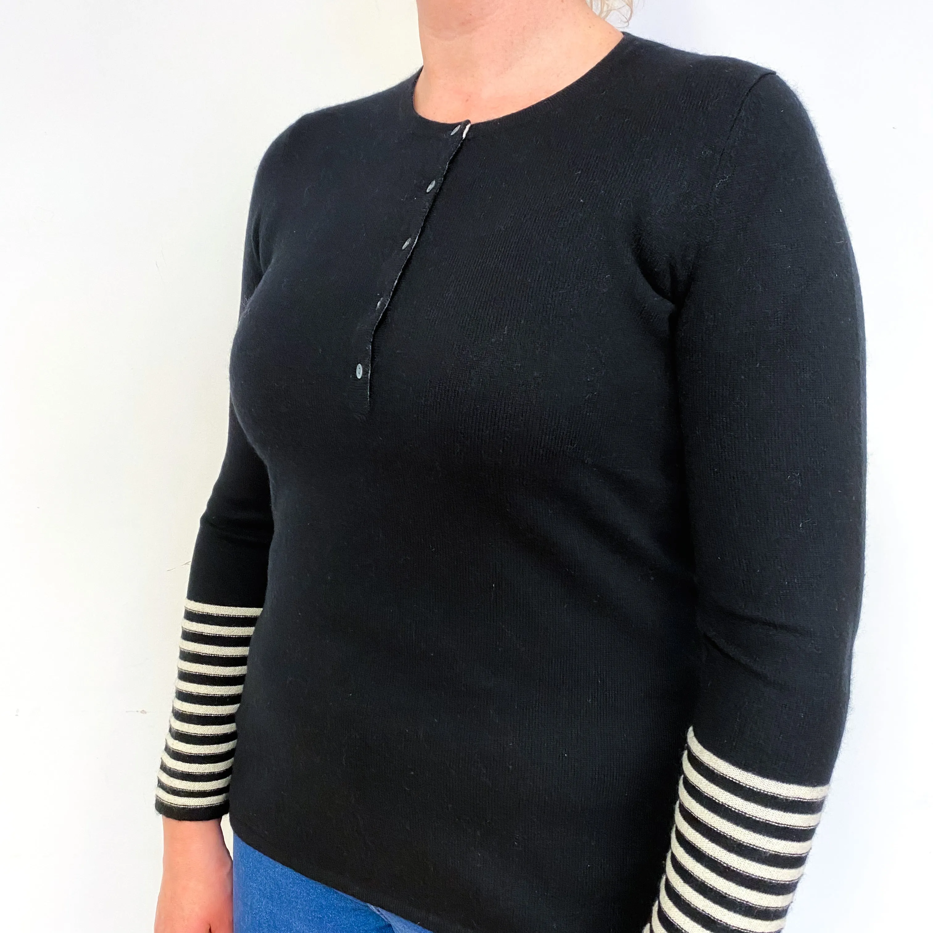 Black Striped Cuff Cashmere Crew Neck Jumper Large