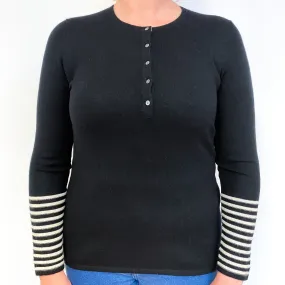 Black Striped Cuff Cashmere Crew Neck Jumper Large