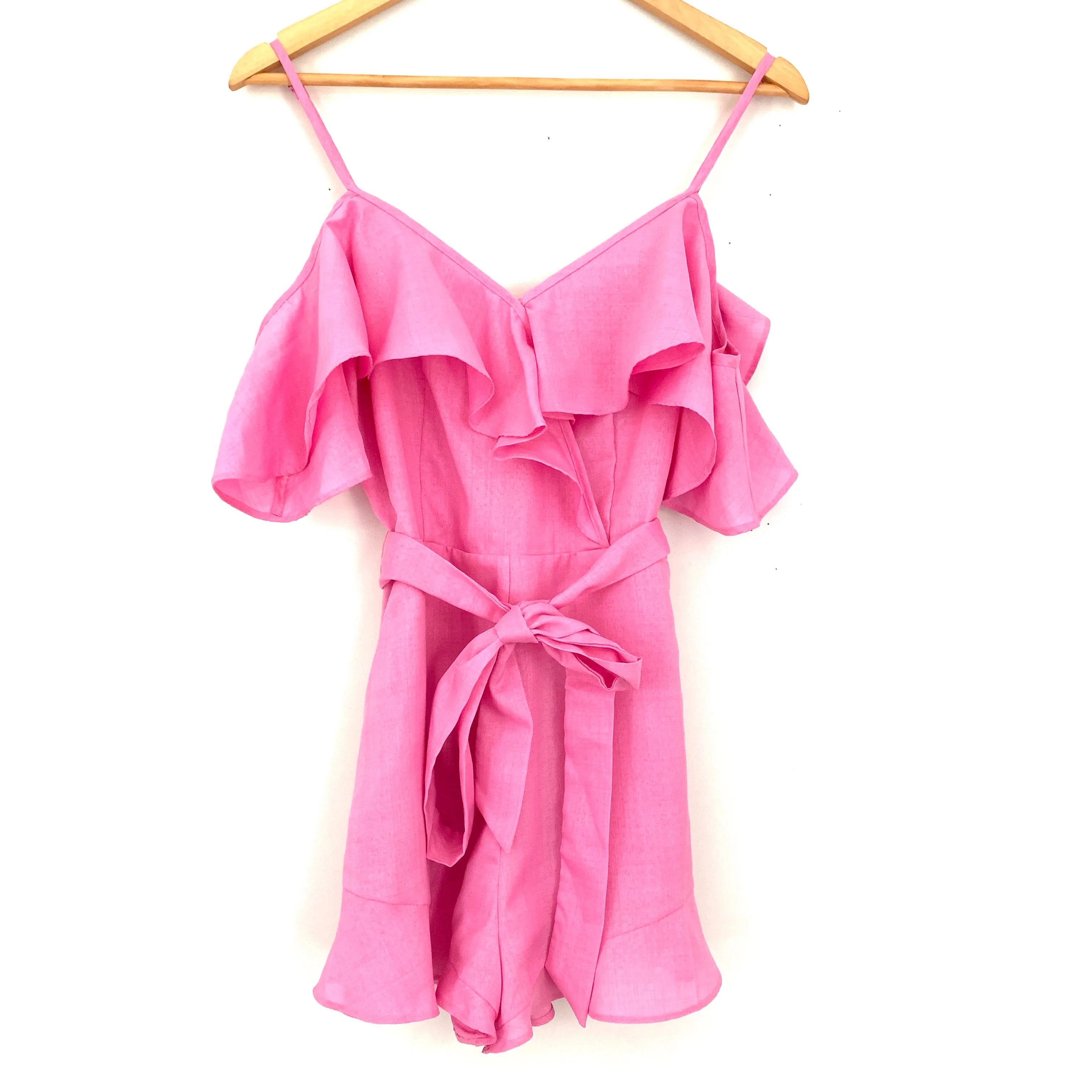 Blue Blush Pink Cold Shoulder Ruffle Romper- Size S