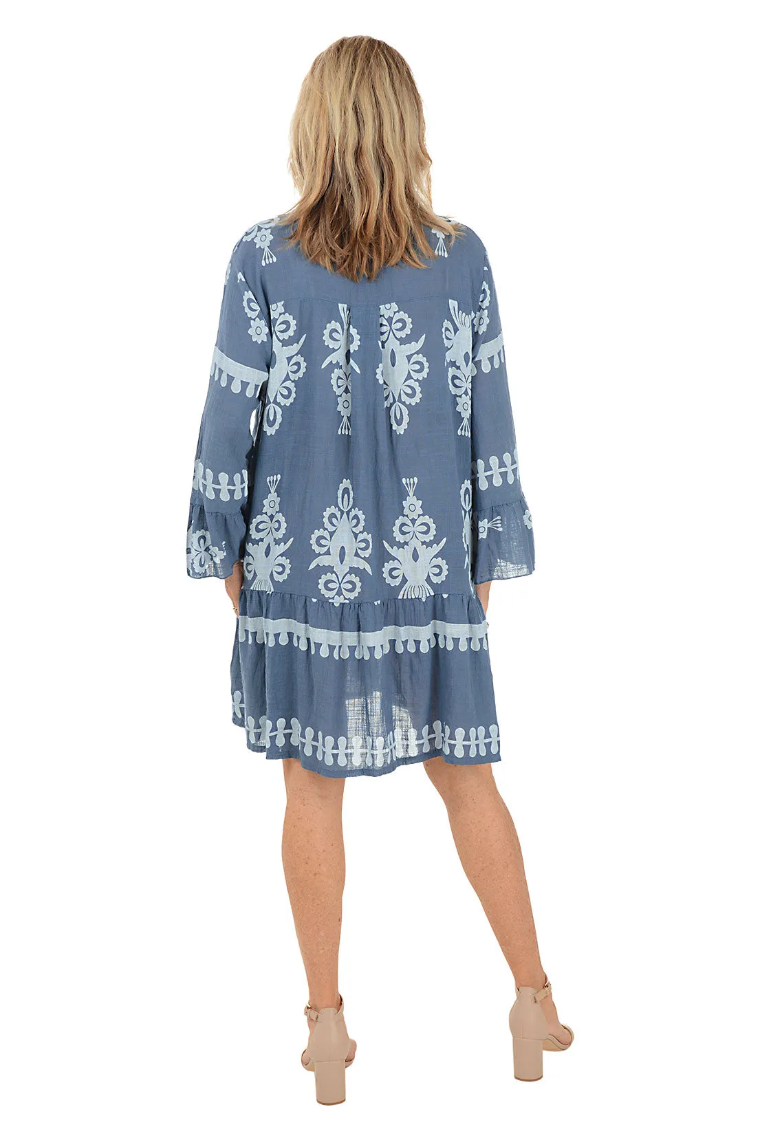 Blue Damask Ruffled Babydoll Dress