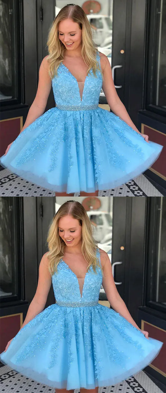 Blue v neck tulle lace applique short prom dress, cute homecoming dress