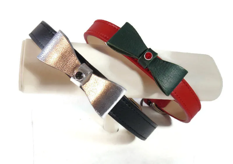 Bow Leather Dog Collar with Austrian Crystal on Loop