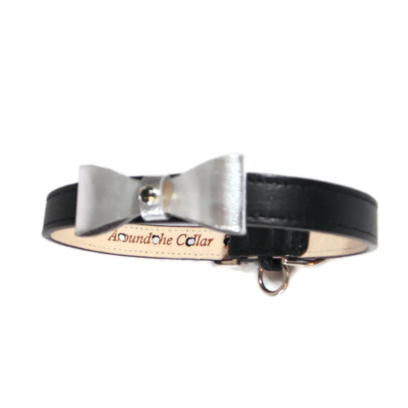 Bow Leather Dog Collar with Austrian Crystal on Loop