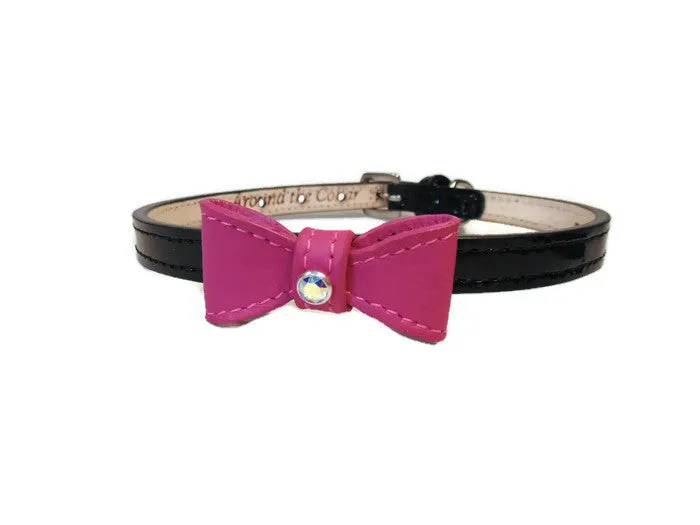 Bow Leather Dog Collar with Austrian Crystal on Loop