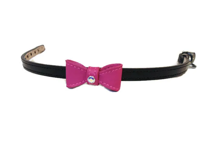 Bow Leather Dog Collar with Austrian Crystal on Loop