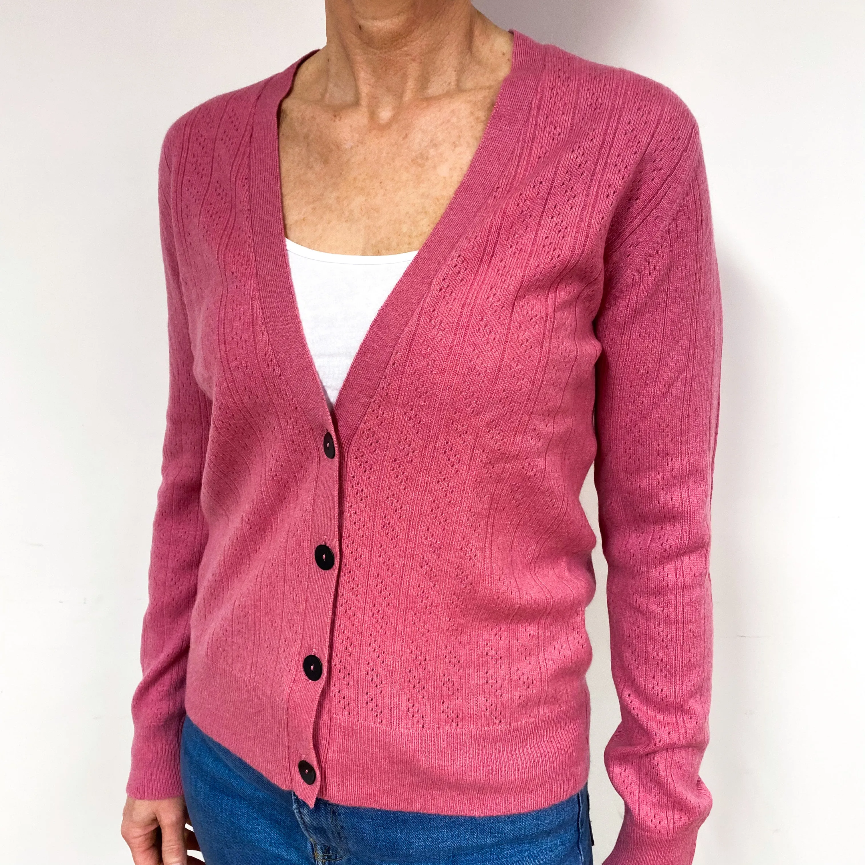 Brora Heather Pink Cashmere V-Neck Cardigan Medium