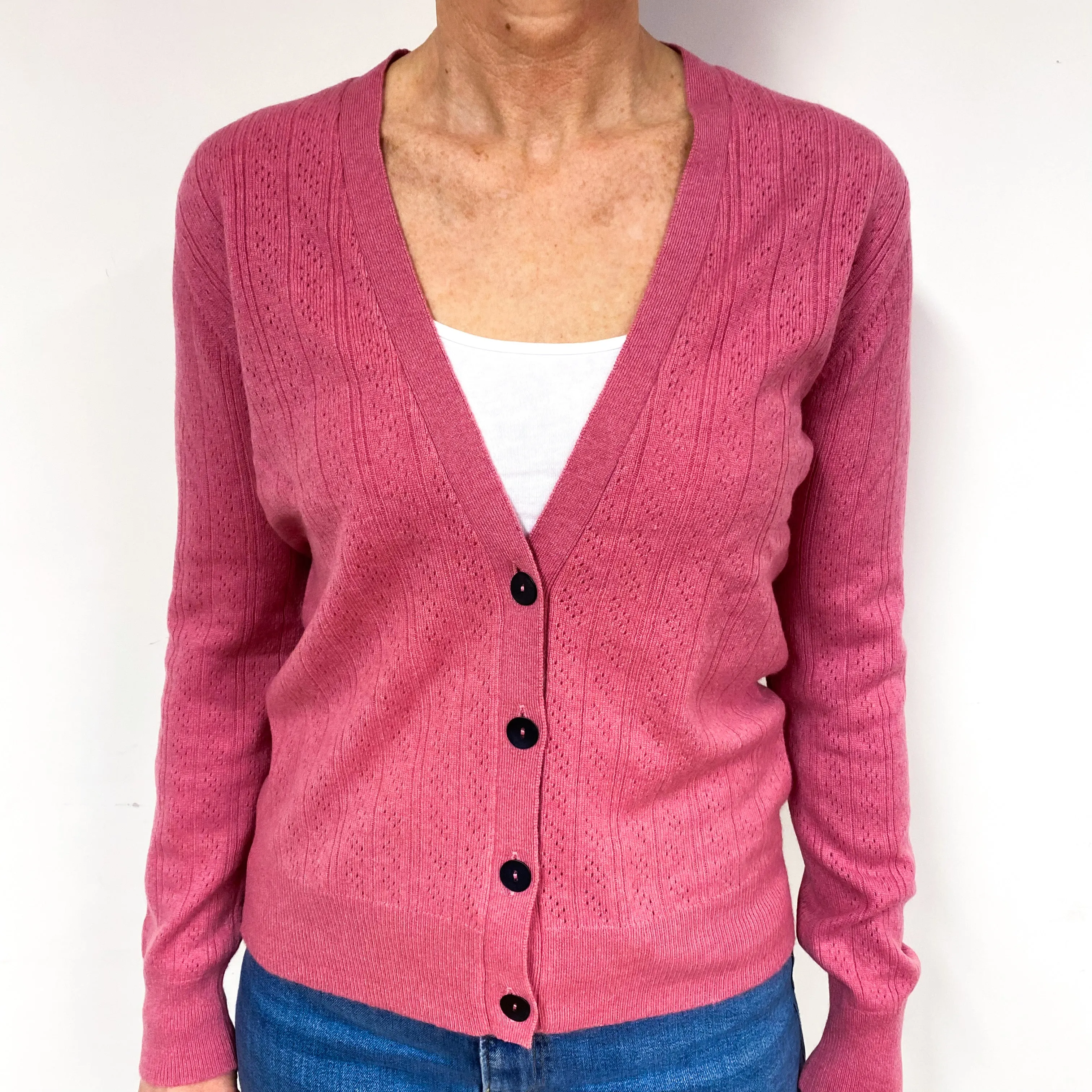 Brora Heather Pink Cashmere V-Neck Cardigan Medium