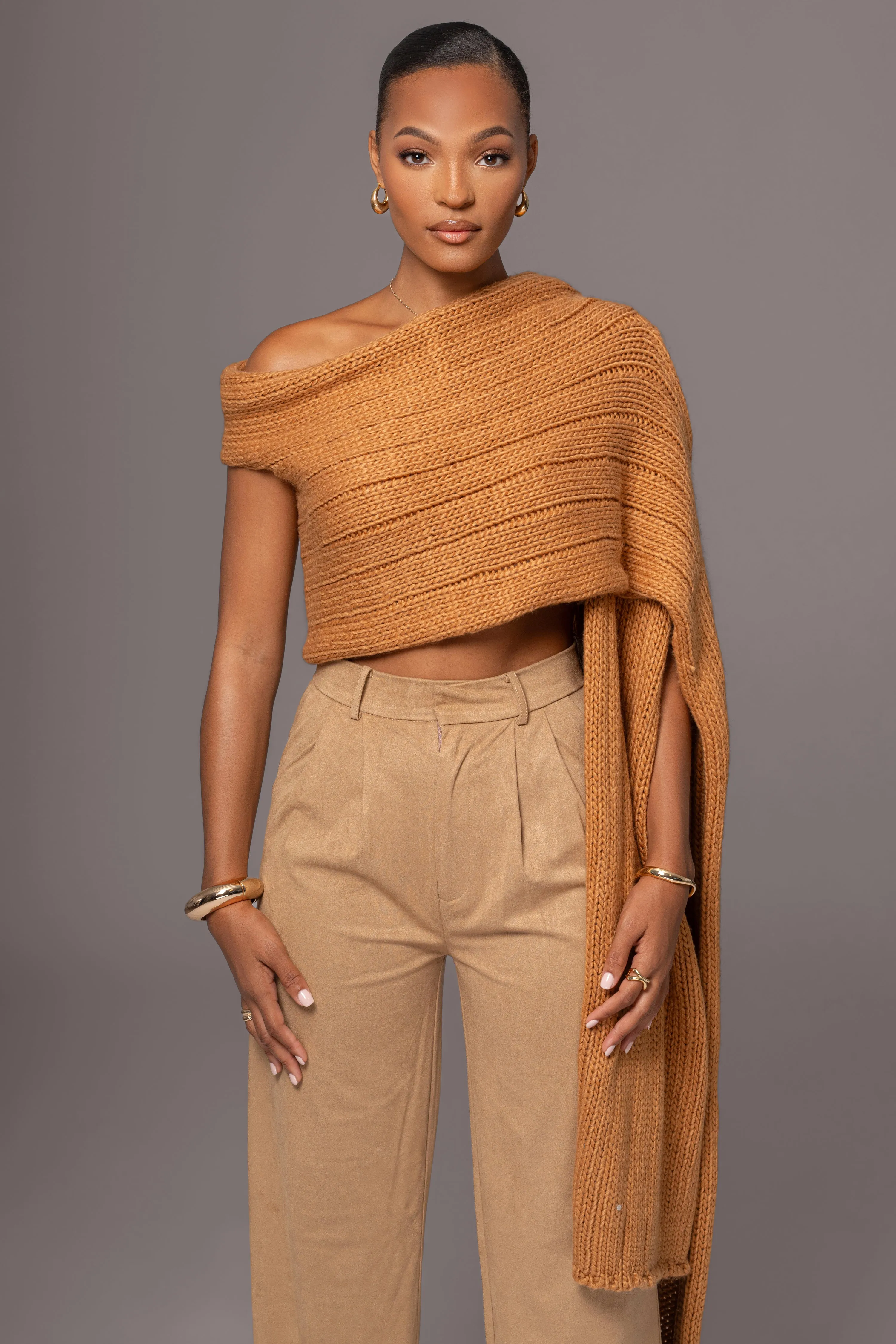 Camel Soft Life Cable Knit Sweater Top