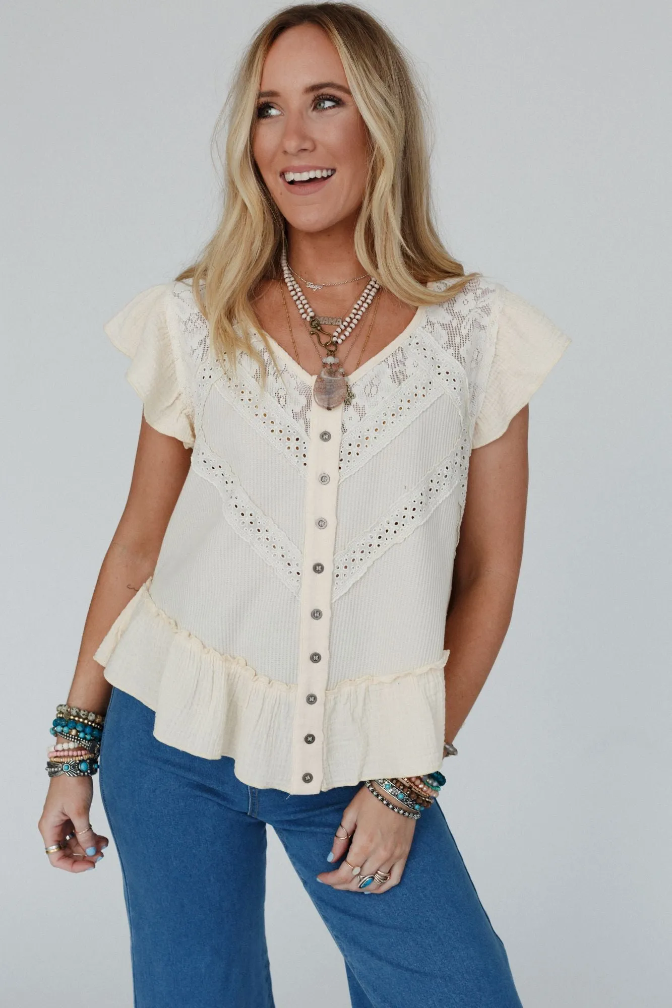 Cascading Ruffles Button Down Top - Ivory