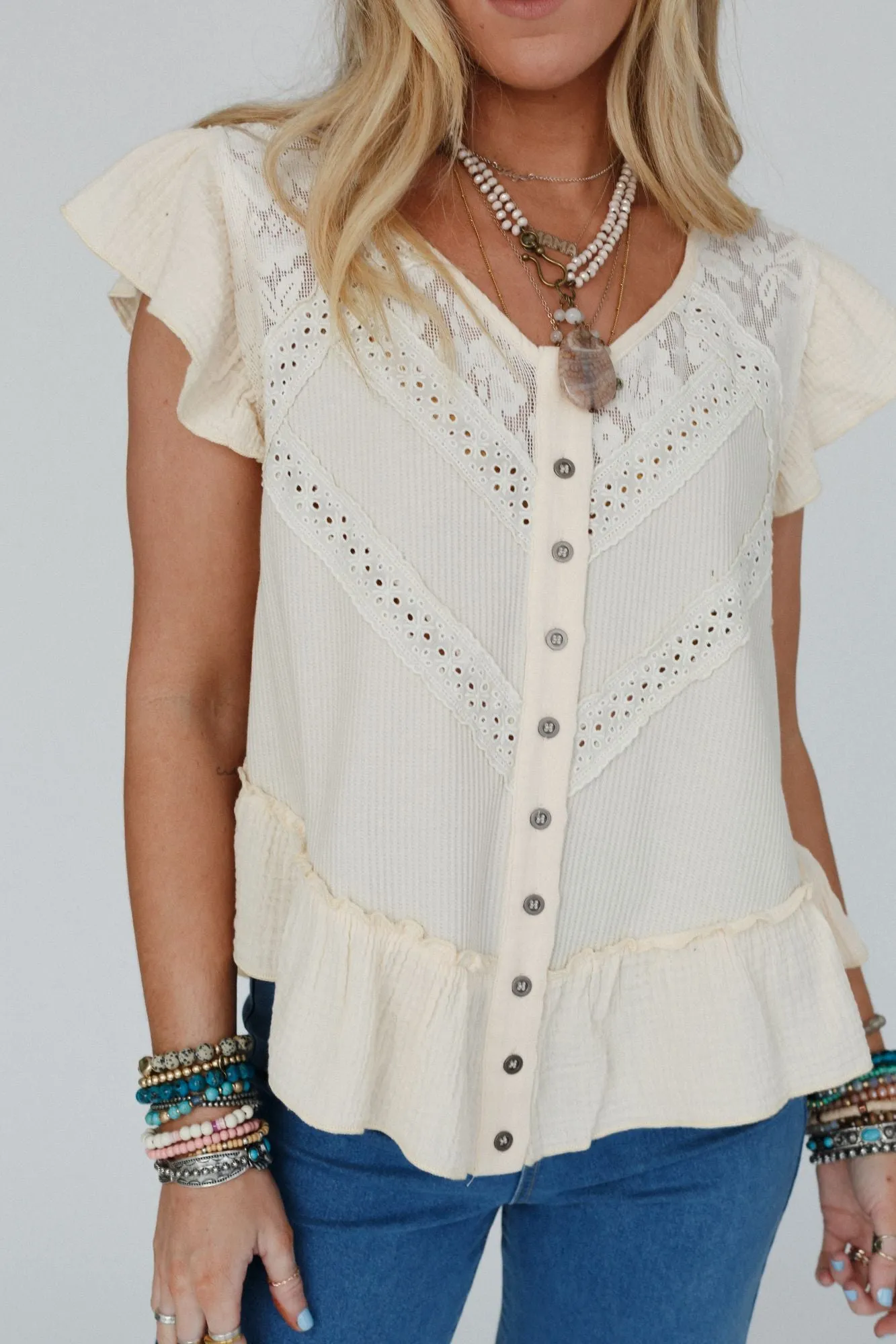 Cascading Ruffles Button Down Top - Ivory