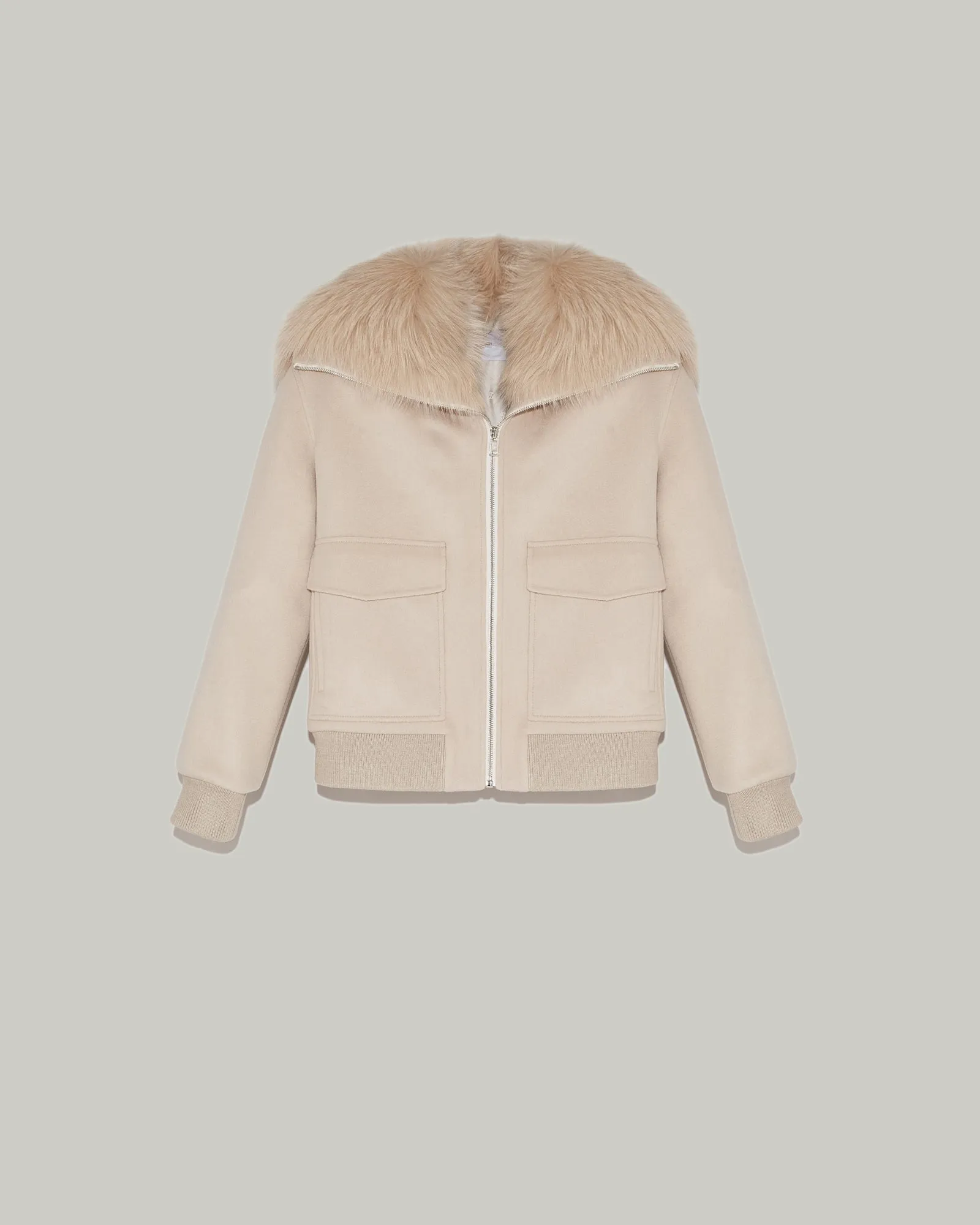 Cashmere woollen fabric jacket with fox fur collar