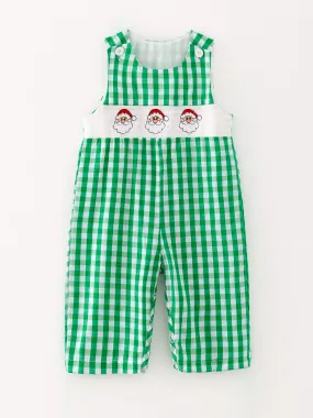 Christmas Santa Claus Smocking Green Plaid Embroidery Baby Boys Romper