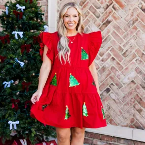 Christmas Tree Twirl Dress, Red