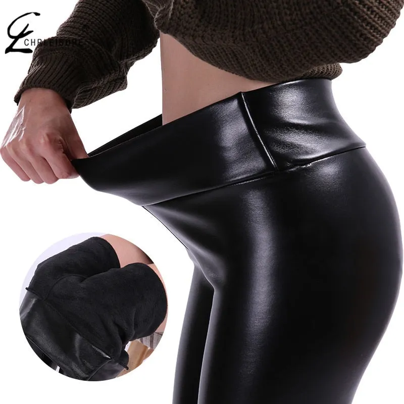 CHRLEISURE Women Winter Faux Leather Pants