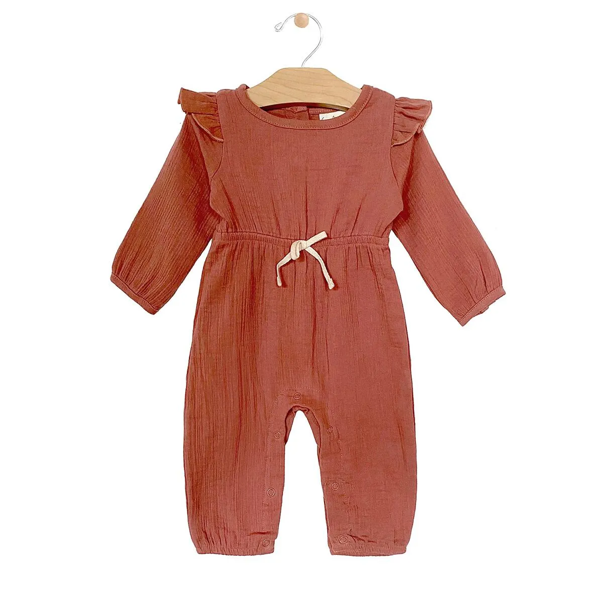 City Mouse Waist Crinkle Cotton Tie Romper - Brick Dust