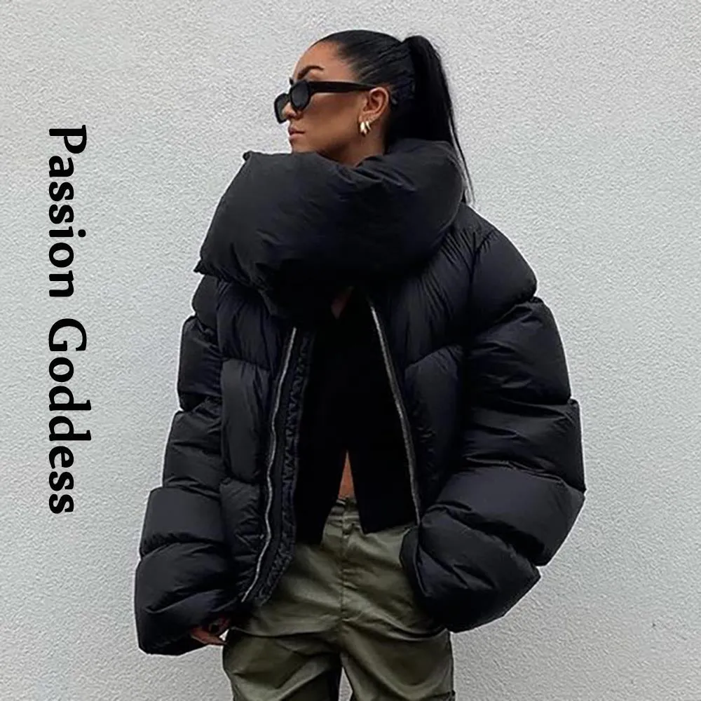 cold weather outfits Joskaa Winter Women Big Lapel Puffer Jacket Warm Thick Scarf Collar Bubble Coats Zipper Black Turtleneck Parkas Down Oversized Outcoats