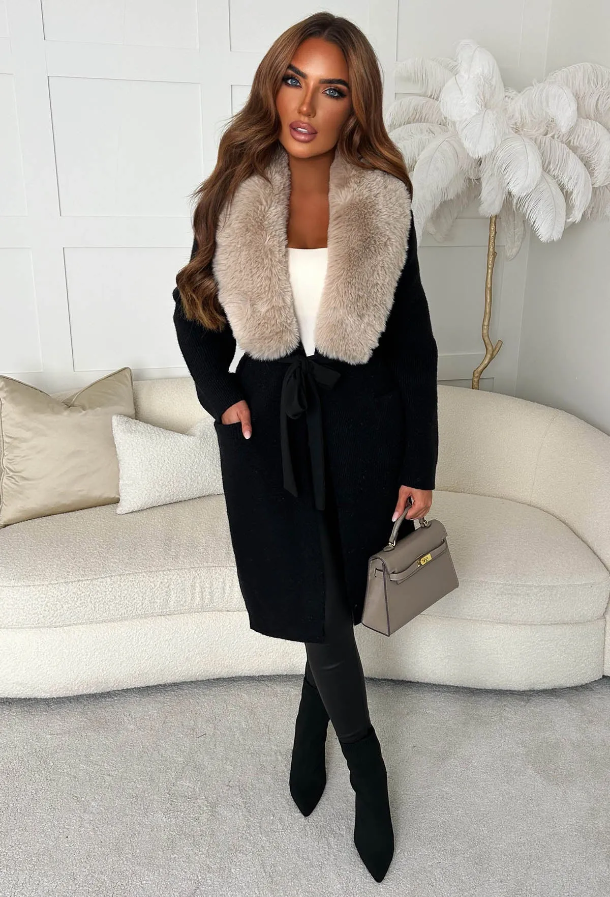 Cosy Opulence Black Luxury Faux Fur Collar Cardigan