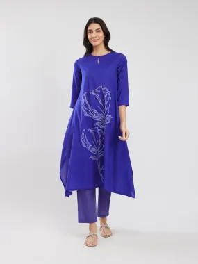 Cotton Bandhani Asymmetric Floral Kurta Set - Blue