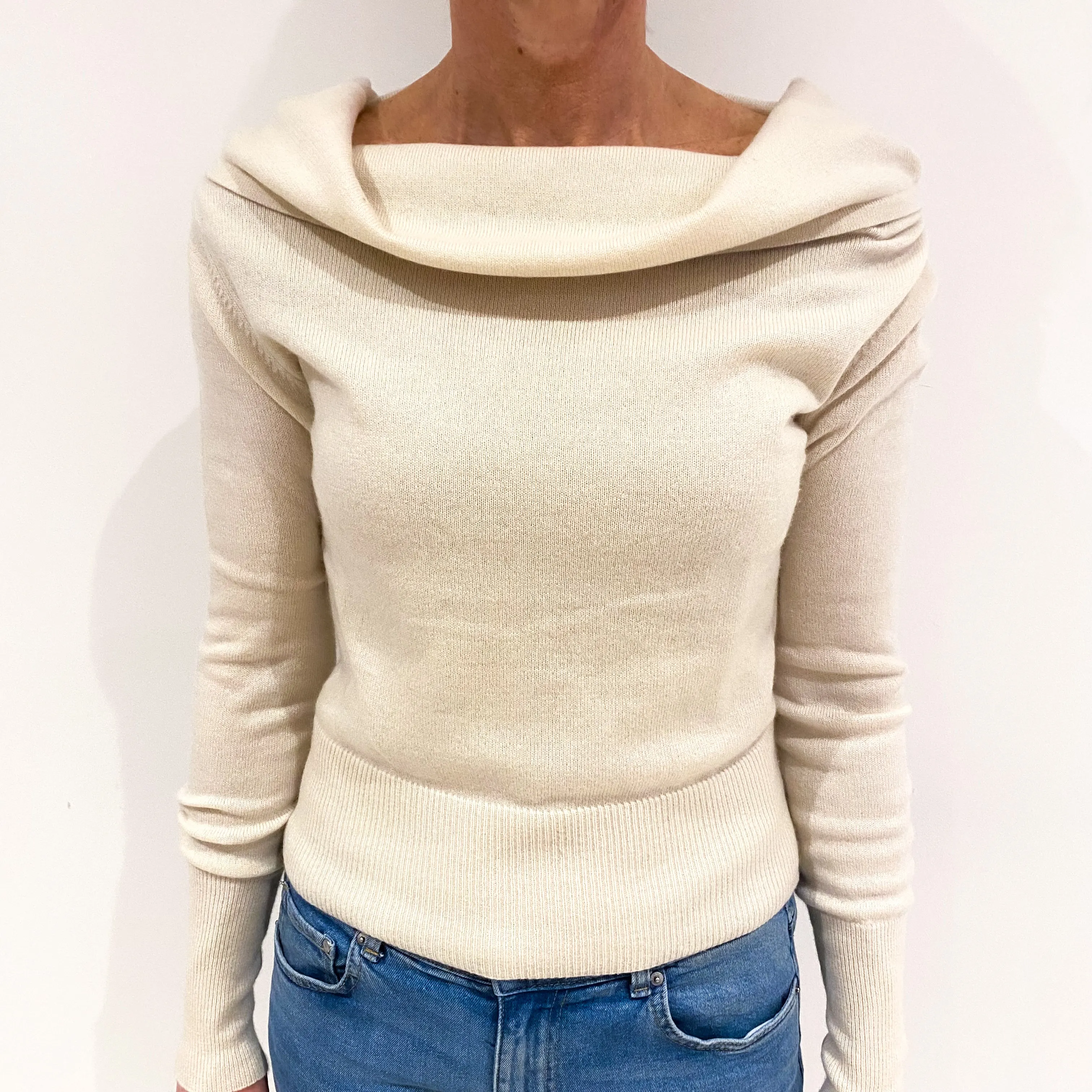 Cream Cashmere Off Shoulder Cowl Neck Jumper Small