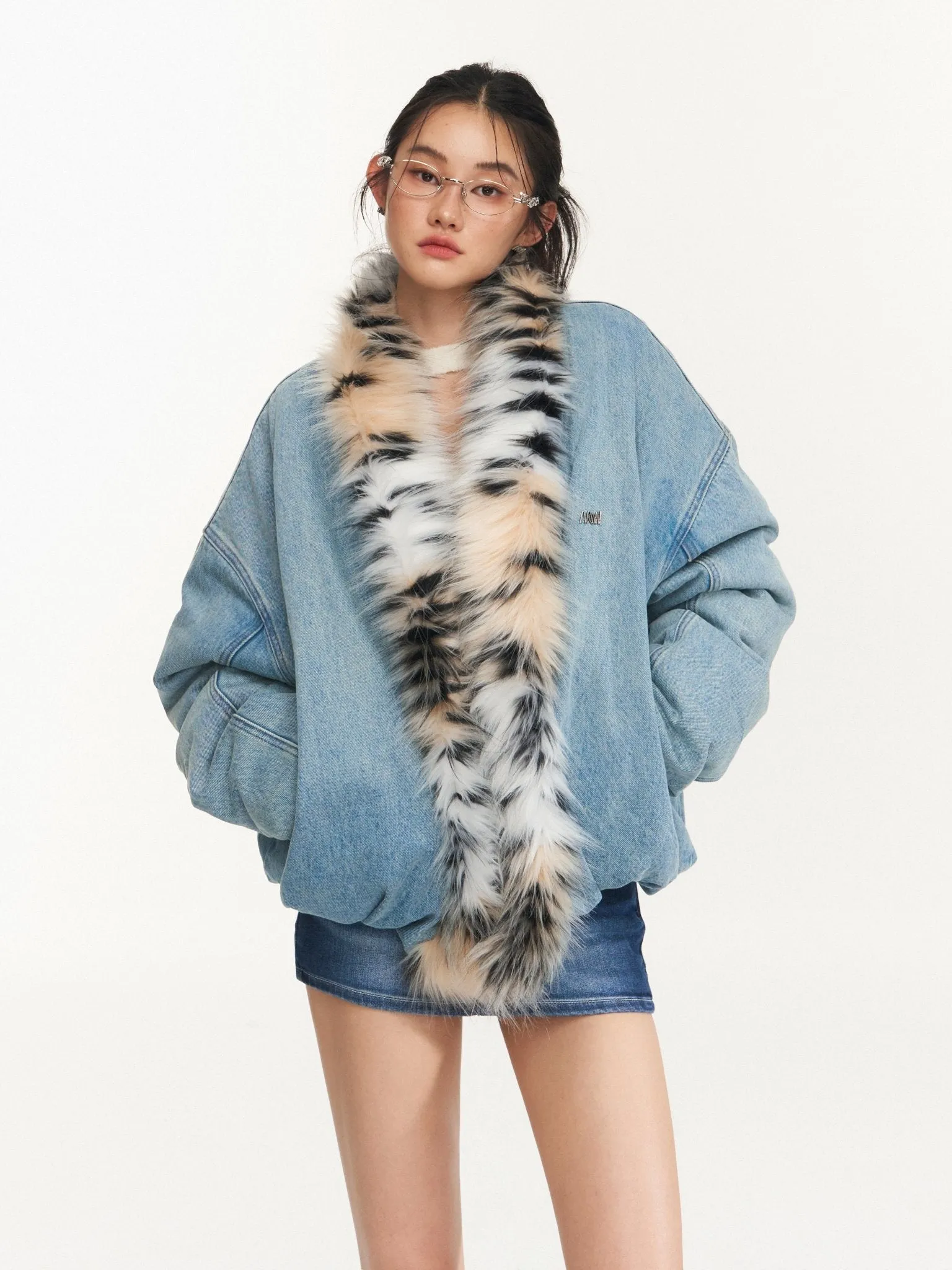 Denim Leopard-Print Fur Collar Jacket